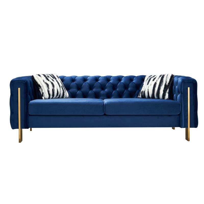 84.25" Velvet Chesterfield Sofa with Button Tufting, Gold Metal Legs, and Toss Pillows for Living Room Comfort