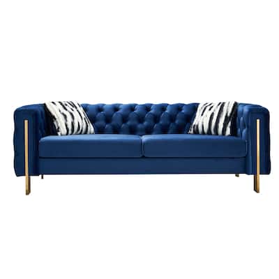 Chesterfield Tufted Velvet Couch with Gold Legs, Includes 2 Toss Pillows for Living Room