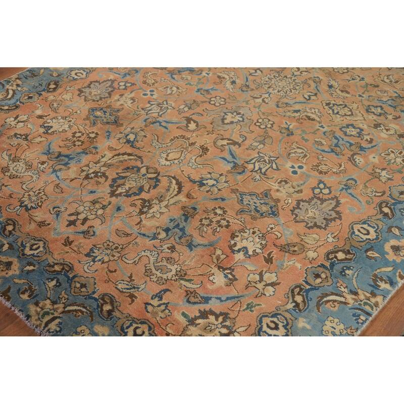 Distressed Floral Tabriz Persian Rug Hand-Knotted Orange Wool Carpet - 5'5"x 8'8"