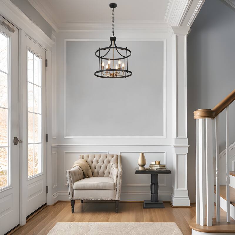 Modern 6-Light Drum Chandelier Black Gold Lantern Pendant for Kitchen Island Foyer - 21.5'' D x 27'' H