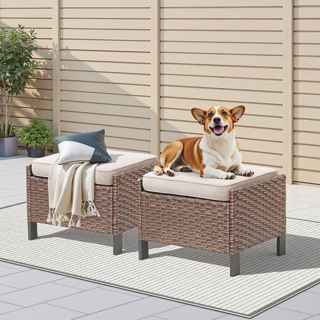 Pocassy Outdoor Wicker 2-Piece Ottoman Chair with Cushion