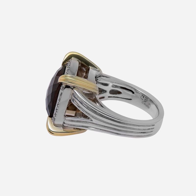 Charles Krypell Sterling Silver and 14K Yellow Gold, Cognac Quartz and White Diamond Statement Ring Sz. 7.25