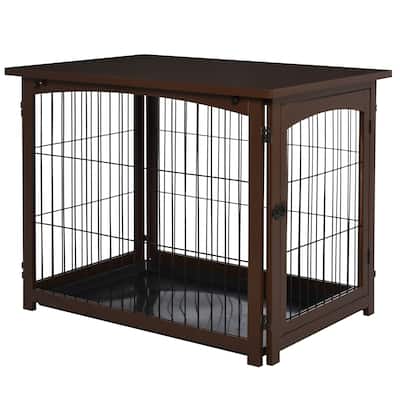 PawHut Wooden Decorative Dog Cage Pet Crate Fence Side Table Small Animal House with Tabletop, Lockable Door, Brown