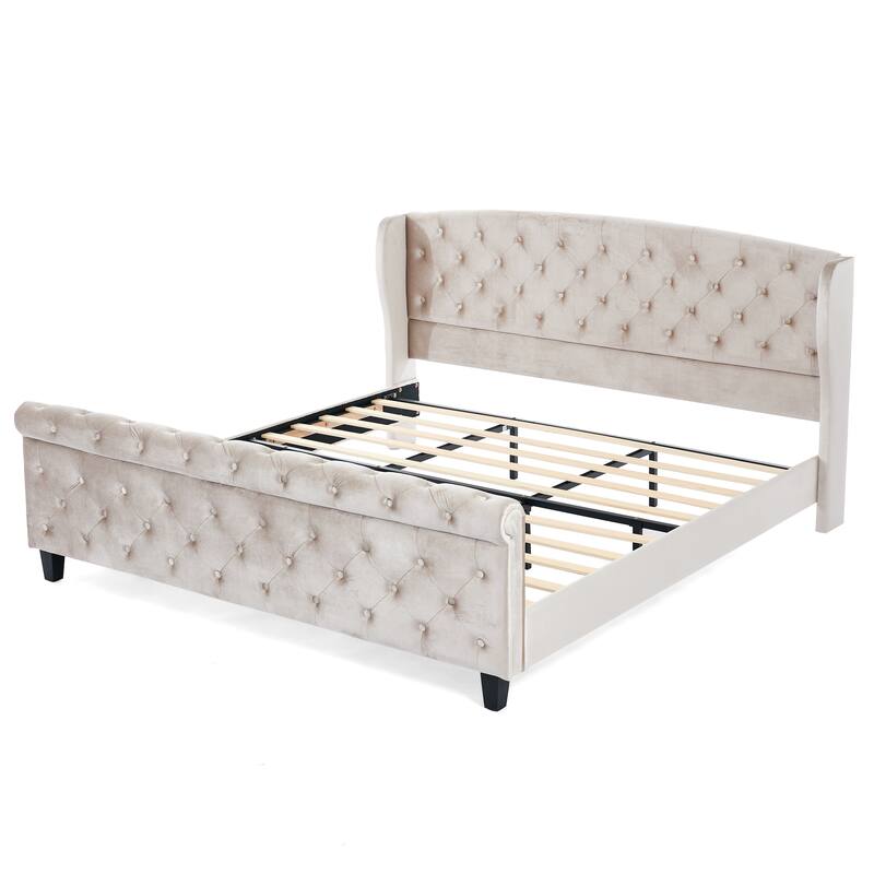 Christopher Knight Home - Amara Traditional Velvet Upholstered Sleigh Bed with Wingback Headboard & Scroll Footboard, King Size