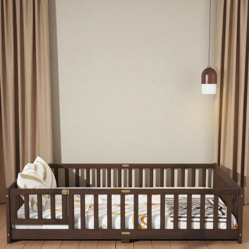 Full Size Rubber Wood Floor Bed with Fence and Door, Montessori Platform Bed with Safety Guardrails for Kids - Espresso - Full
