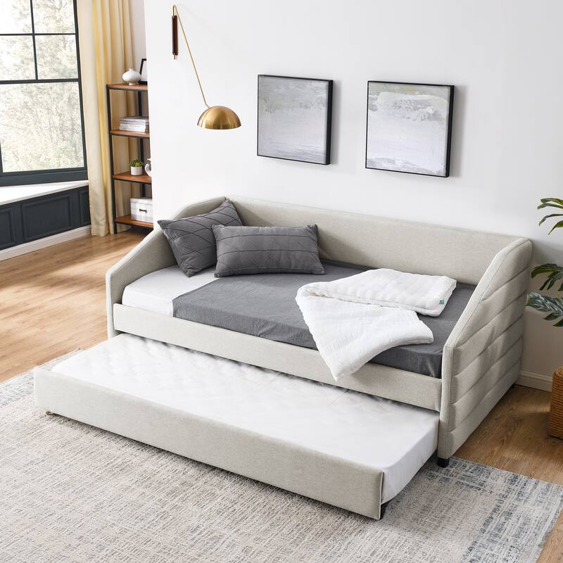 Roomfitters Queen/Twin Size Upholstered Daybed with Drawers, Linen Tufted Sofa Bed with Trundle Storage, Modern Guest Bed