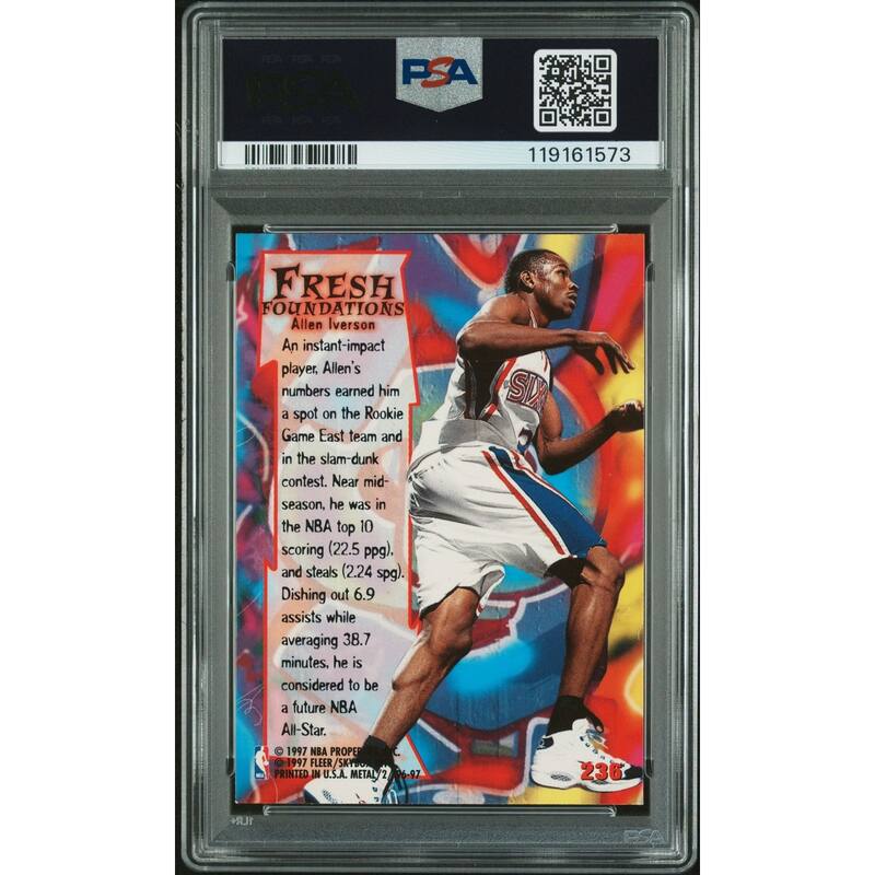 Allen Iverson 1996 Fleer Metal Signed Basketball Rookie Card #236 Auto Graded PSA 10 Cert # 119161573 - 8' x 11'