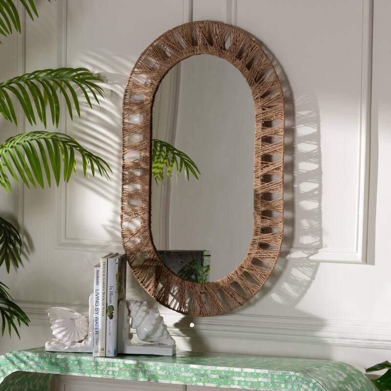 Geona Modern Bohemian Metal and Natural Brown Seagrass Accent Wall Mirror - Natural Brown
