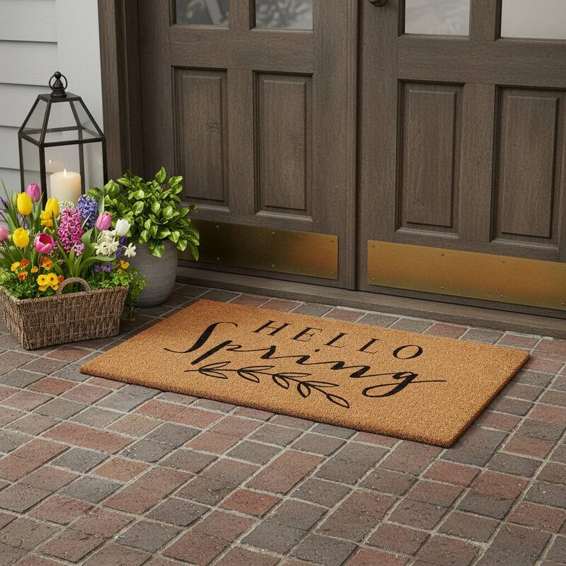 HomeRoots 36" X 72" Brown And Black Hello Spring Outdoor Coir Door Mat - 36.00' X '72.00 - 36.00' X '72.00