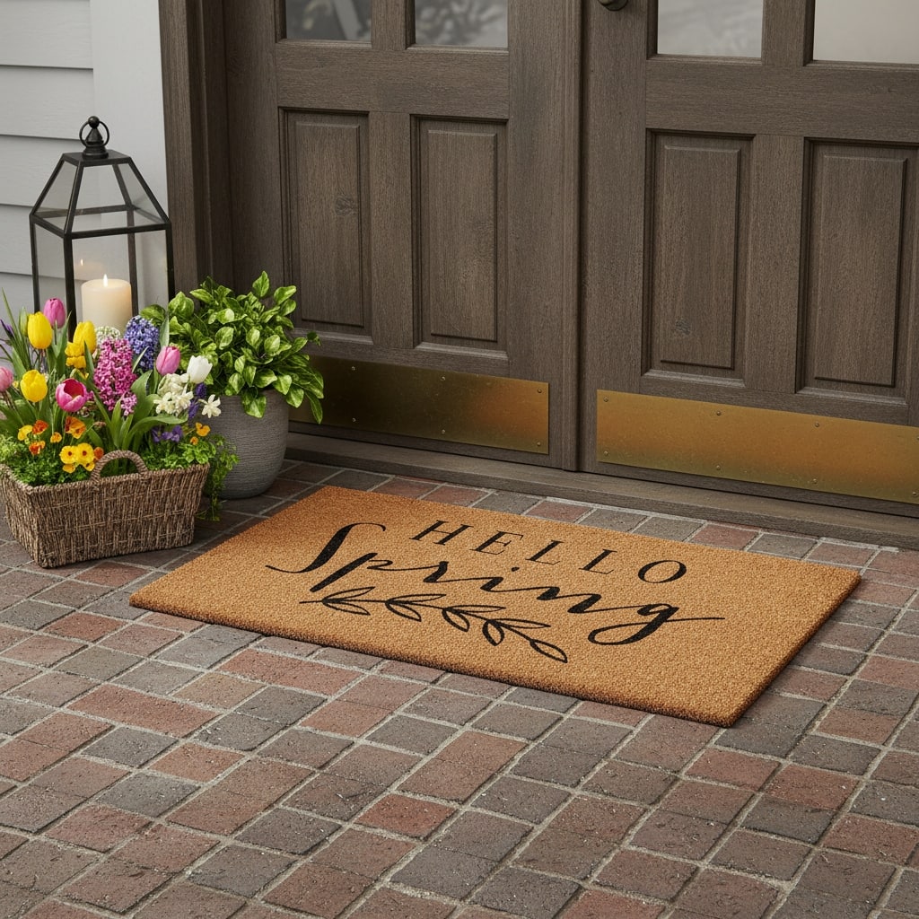 HomeRoots 36" X 72" Brown And Black Hello Spring Outdoor Coir Door Mat - 36.00' X '72.00