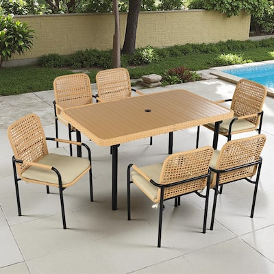 7-Piece Outdoor Patio Rattan Dining Set with Umbrella Hole and Cushions