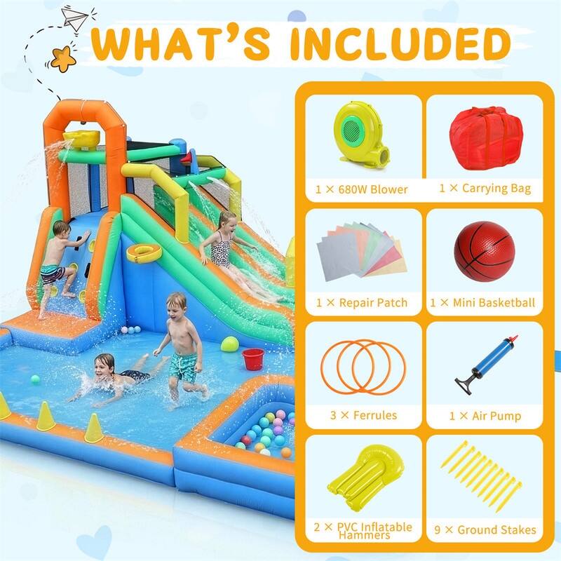 Oxford Cloth Inflatable Castle Bounce House In Blue And Yellow With Double Slides, Climbing Wall And Water Pool - N/A
