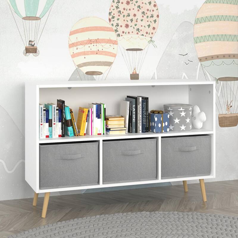 Anmytek White/Gray Kids Storage Organizer with Fabric Drawers White Bookcase Toy Display Shelf