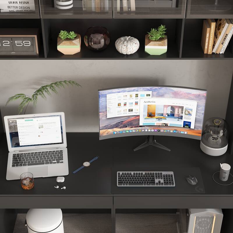 90.6"Illuminated Glass Workstation Productive Workspace Bookshelf Desk