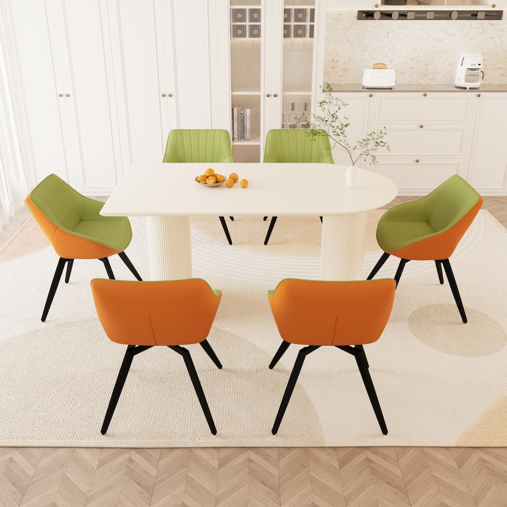 Modern Round Dining Table Set with Carved Legs and PU Leather Chairs, 7-Piece Kitchen Table Set for 4 for Dining Room