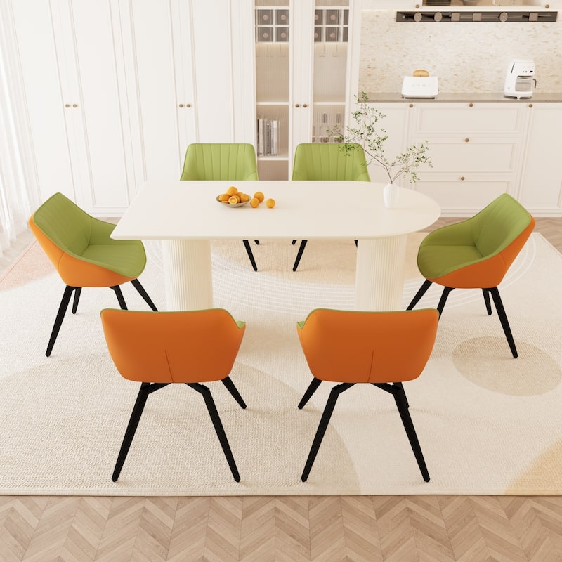 Modern Round Dining Table Set with Carved Legs and PU Leather Chairs, 7-Piece Kitchen Table Set for 4 for Dining Room - White+Green