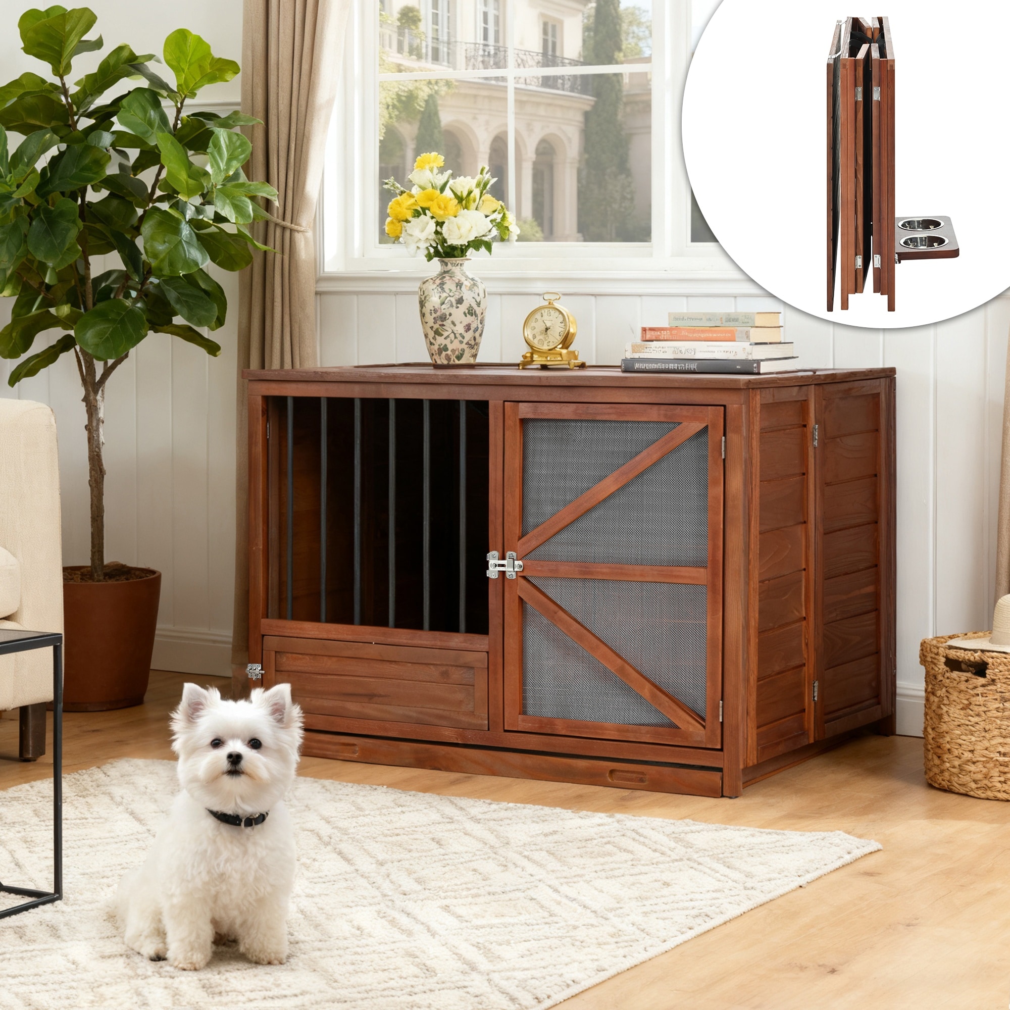 33" Solid Wood Dog Crate Furniture, Foldable Indoor Kennel with 360° Rotating Feeder Multi-Functional End Table for Medium Dogs