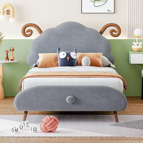 slide 2 of 10, Upholstered Bed with Cute Shape Headboard Design Platform Bed Gray Sheep - Twin