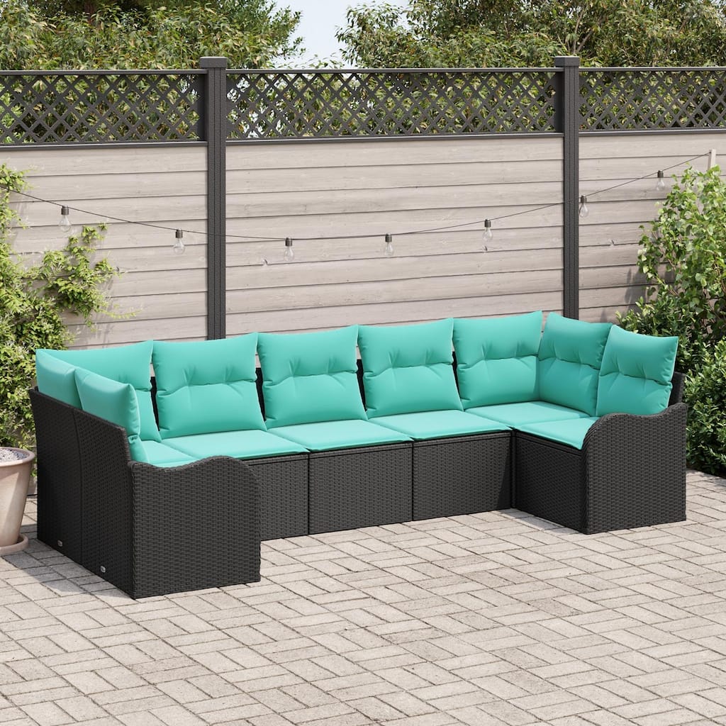 vidaXL 7 Piece Garden Sofa Set with Cushions Black Poly Rattan - 24 x 48 x 27 in