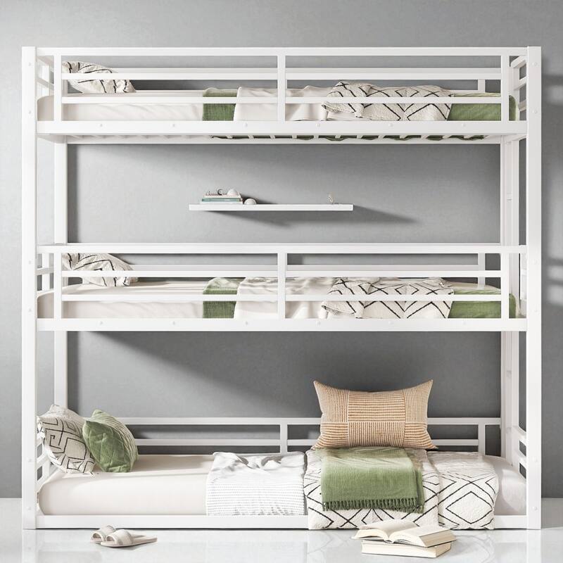 Metal Triple Bunk Bed Twin/Full/Twin XL/Queen with Safety Guardrails, Noise-Free Slats, Heavy Duty Frame - White - Twin XL