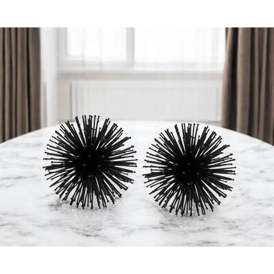 HomeRoots Set of Two Black Iron Decorative Spiky Sphere Tabletop Sculpture - 4' X '4' X '4
