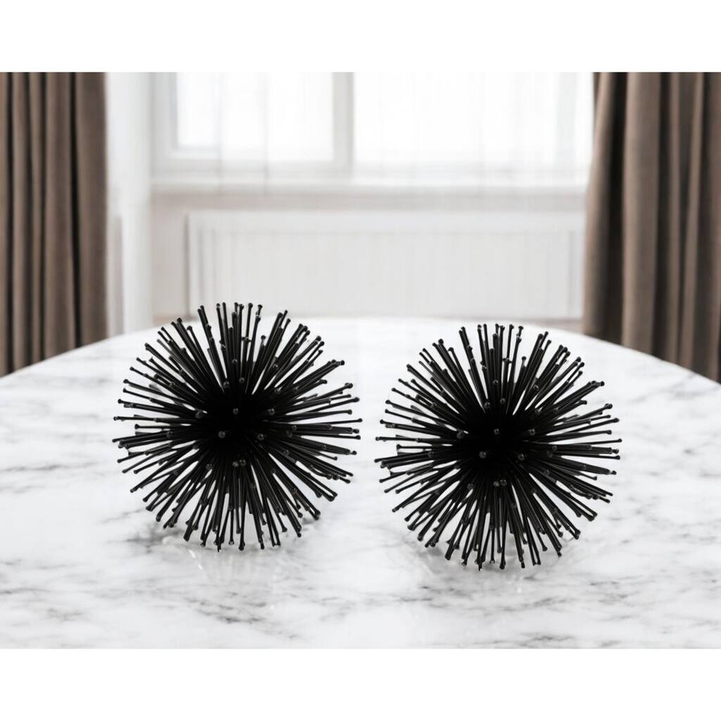 HomeRoots Set of Two Black Iron Decorative Spiky Sphere Tabletop Sculpture - 4' X '4' X '4