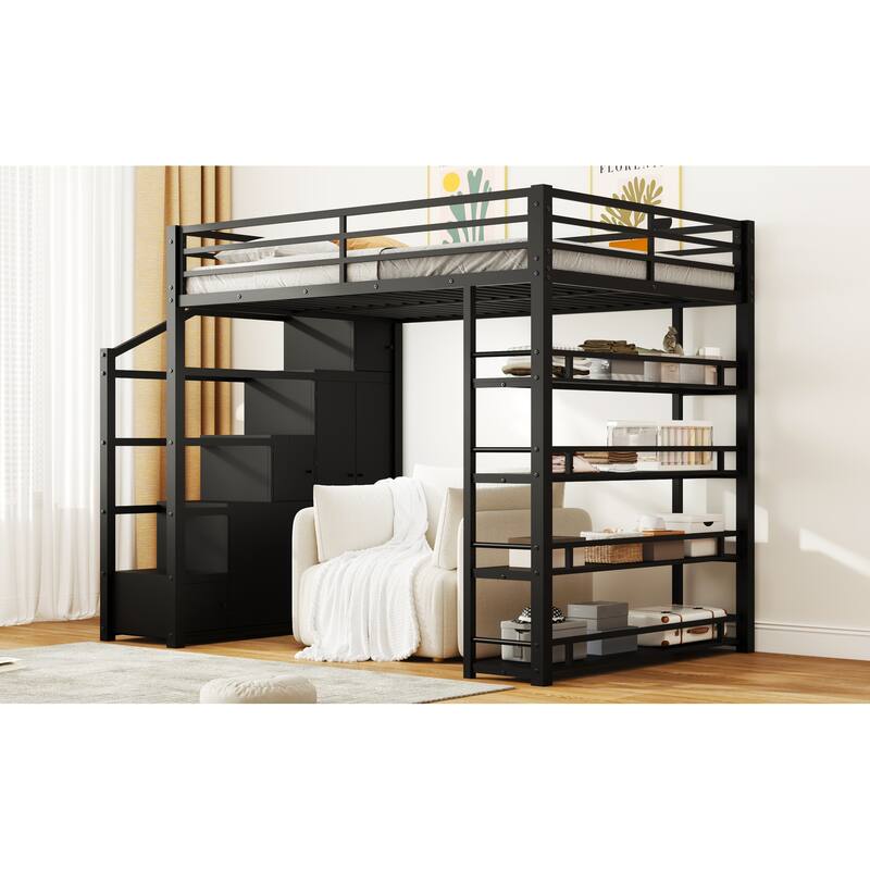 GDFStudio - Full Size Metal Loft Bed with Wardrobe, Storage Shelves and Staircase