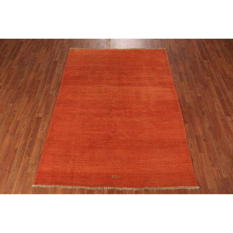 Orange Gabbeh Modern Area Rug Hand-Knotted Stripe Wool Carpet - 4'11" x 6'8"
