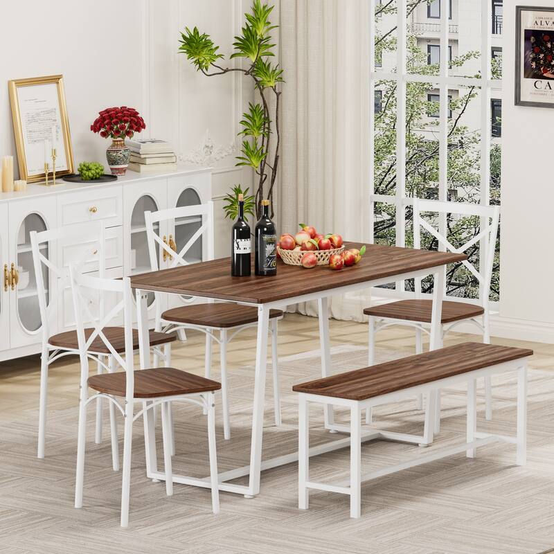 6-Piece Industrial Dining Set with Bench, Retro Breakfast Nook Dark Walnut Dining Set with Bench and 4 Chairs