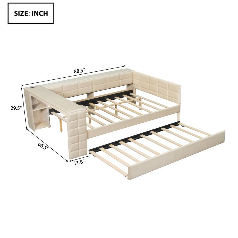 Roomfitters Full Size Upholstered Platform Bed with Built-in Desk, Storage Shelves, Charging Station and Pull-Out Trundle