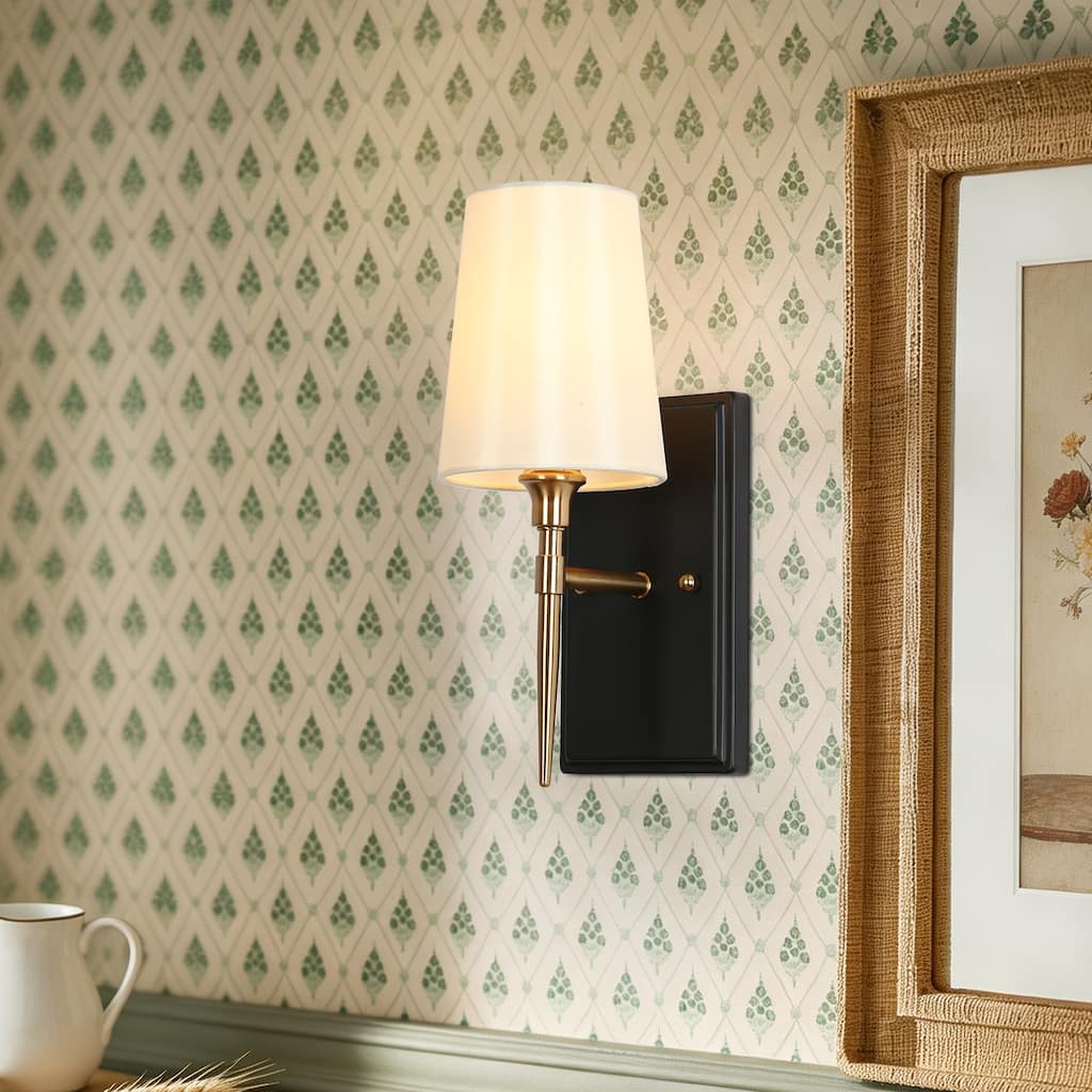 Modern Transitional Black Gold 1-Light Wall Sconces Fabric Flared Shade Bathroom Vanity Lights - 4.7" L x 6" W x 12.5" H