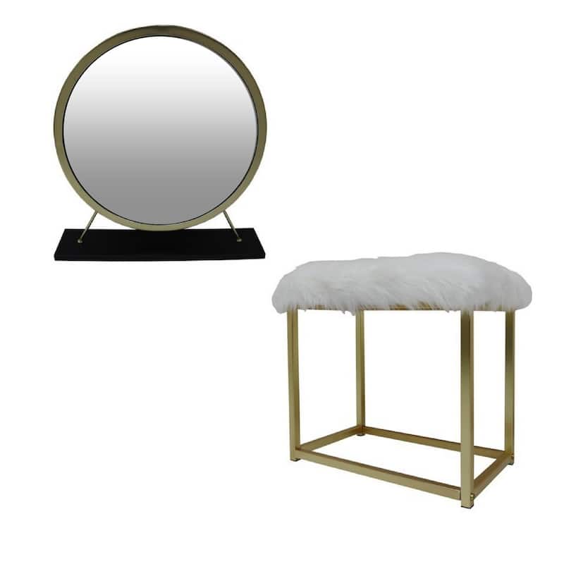 Rose Round Vanity Mirror with Stool, Faux Fur Seat, Brass, Black