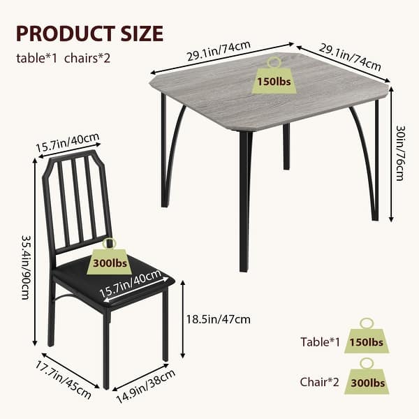 dimension image slide 1 of 4, Dining Table Set for 2, Kitchen Table Chairs Set of 2 with PU Upholstered Cushion