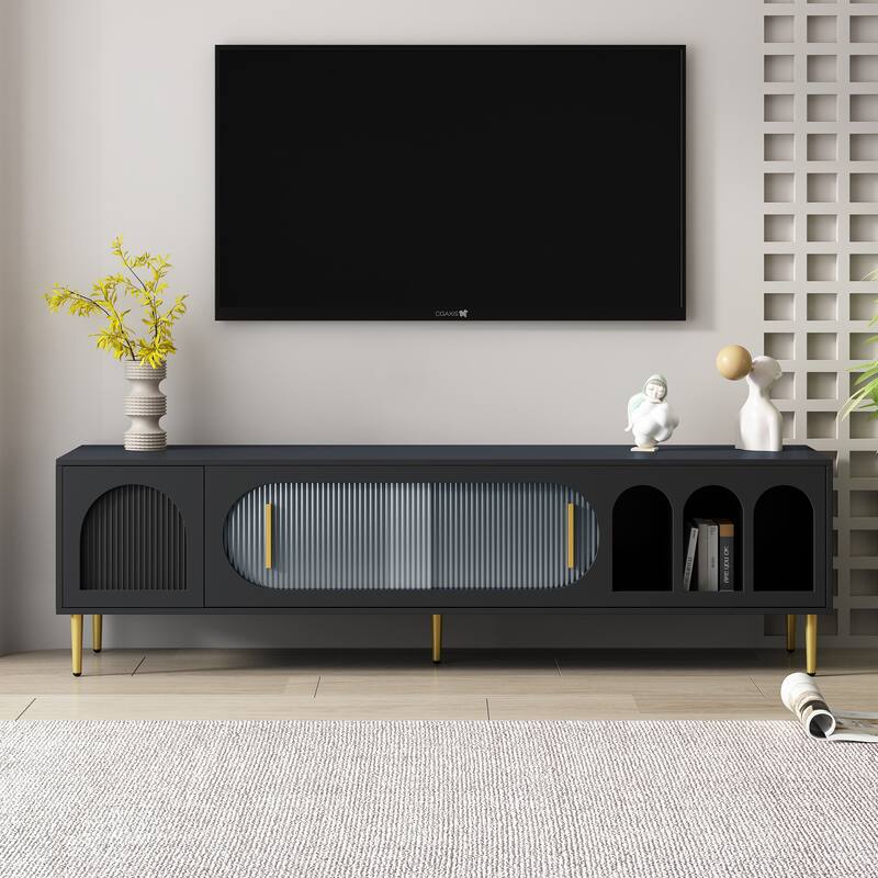Modern TV Stand with Arched Shelves, Sliding Acrylic Door, Golden Metal Handles, and Ample Storage, Fits TVs up to 70 Inches.