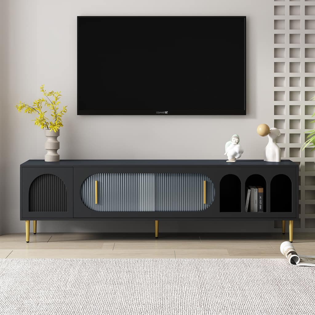 Sliding Acrylic Door TV Stand, TV Media Console Table with 3 Shelves 2 Cabinets, TV Console Cabinet for up to 70 Inch TV