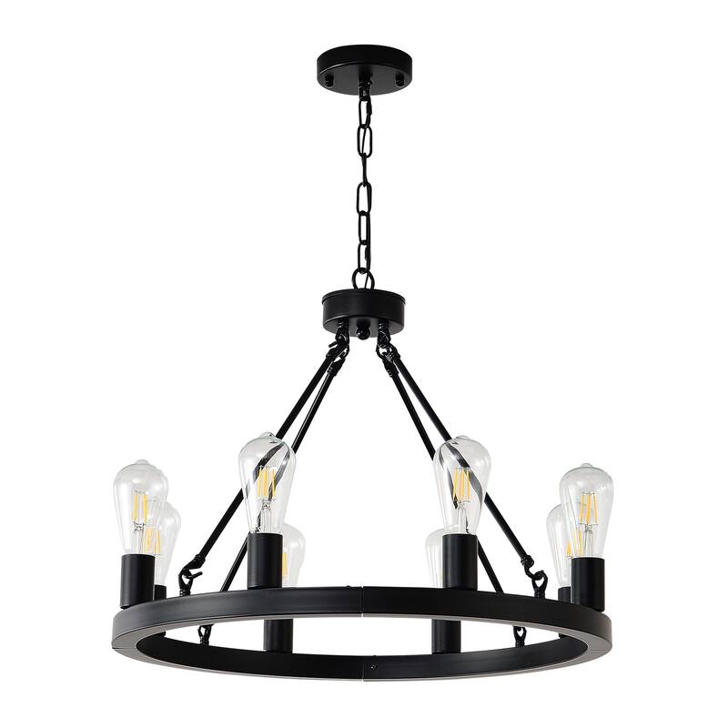 8-Light Matte Black Wagon, Wheel Chandelier Farmhouse, Modern Small Round Chandelier, for Living, Room