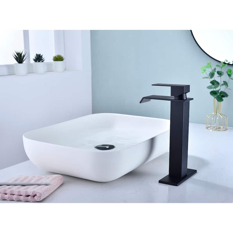 Waterfall Bathroom Sink Single Handle Faucet with Pop Up Drain, No Overflow, Corrosion and Rust Resistant