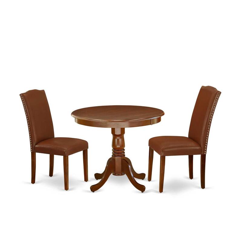 Round Dining Table Set - 36 Inch Table with 2 Parsons Chairs - Linen White Finish