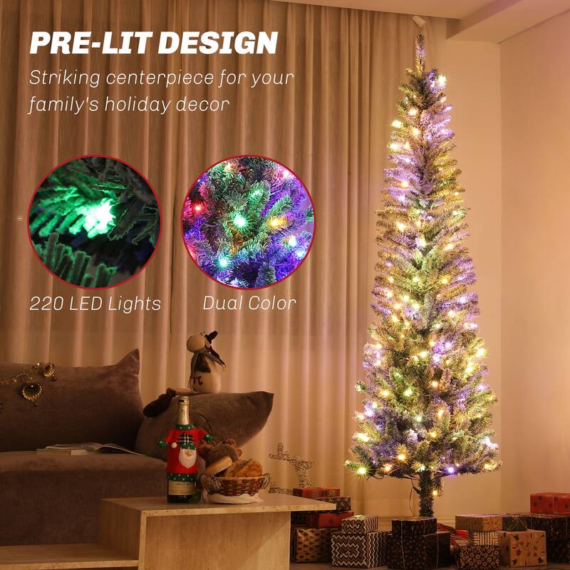 6/7.5/9FT Pre-Lit Flocked Pencil Artificial Christmas Tree with Dual Color LED Lights & Metal Stand