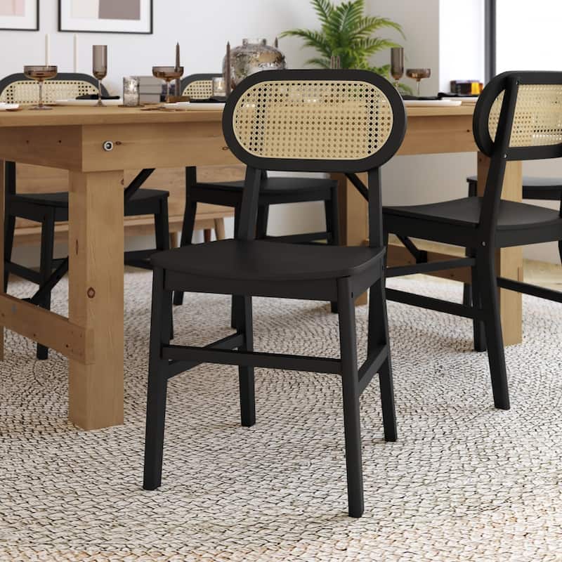 Woven Back Wood Framed Cane Rattan Chairs with Wood Seats - 2 Pack - Black
