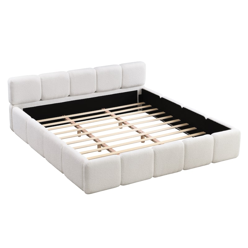 Embedded Platform Bed with Square Plush Upholstery Headboard White