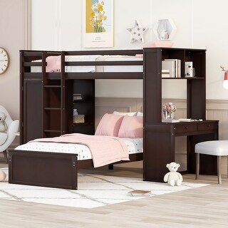 Twin Size Wooden Loft Bed with Stand-Alone Bed, Shelves, Desk & Wardrobe - Functional & Stylish