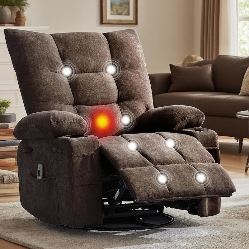 Swivel Rocker Recliner Chair, with Massage and Heat and Side Pocket - Brown - 21D