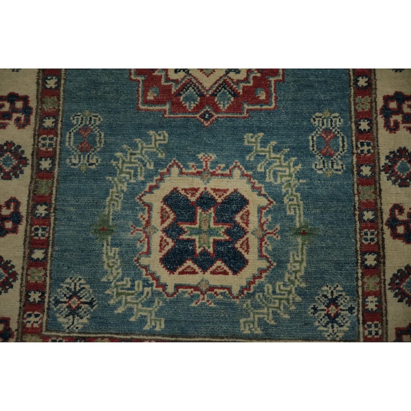 Hand Knotted Oriental 100% Wool Carpet Traditional Geometric Navy Blue & Blues Kazak Runner Rug - 7' 11'' X 2' 8''