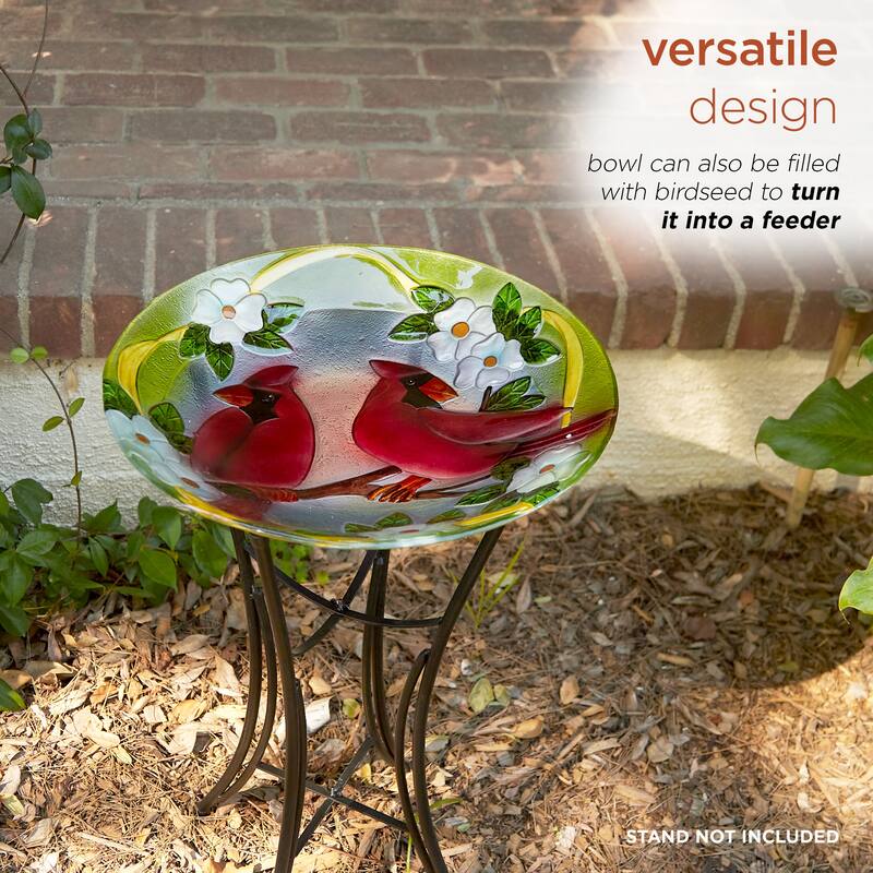 Alpine Corporation 18" Round Outdoor Birdbath Bowl Topper with Painted Red Cardinal and Floral Design