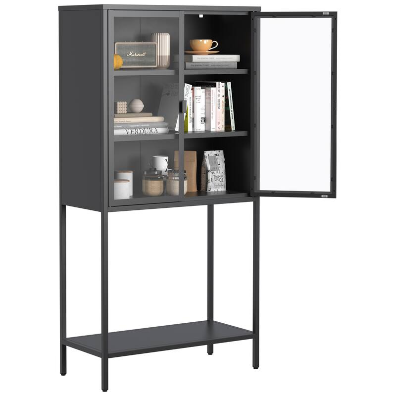 Heavy Duty Metal Storage Cabinet Sideboards & Buffet, Tall Bookcase Display Case with Glass Doors & 2 Adjustable Shelves