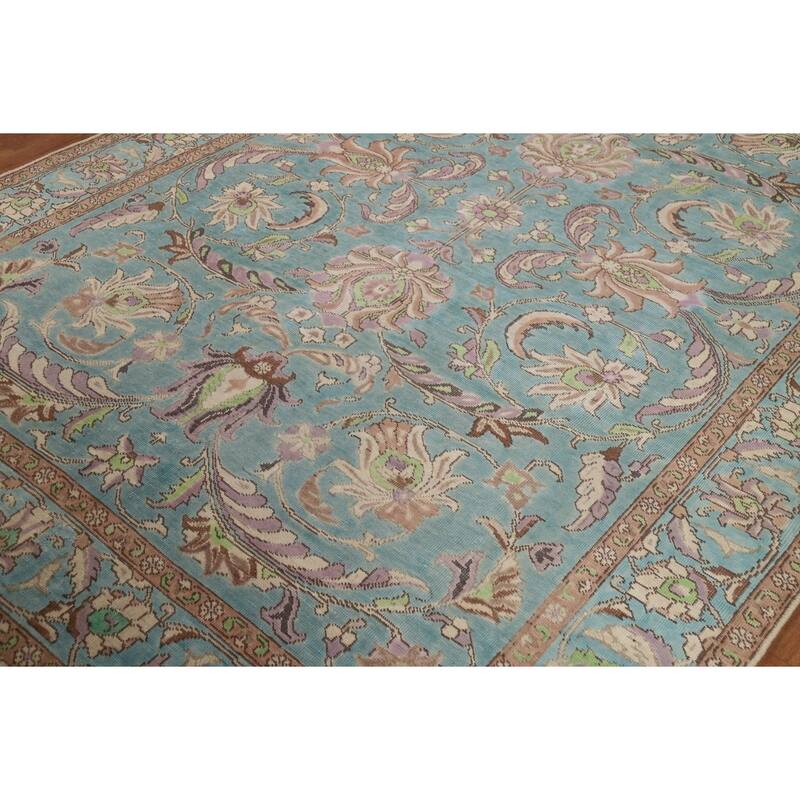 All-Over Blue Floral Tabriz Persian Area Rug Hand-Knotted Wool Carpet - 6'9"x 9'8"