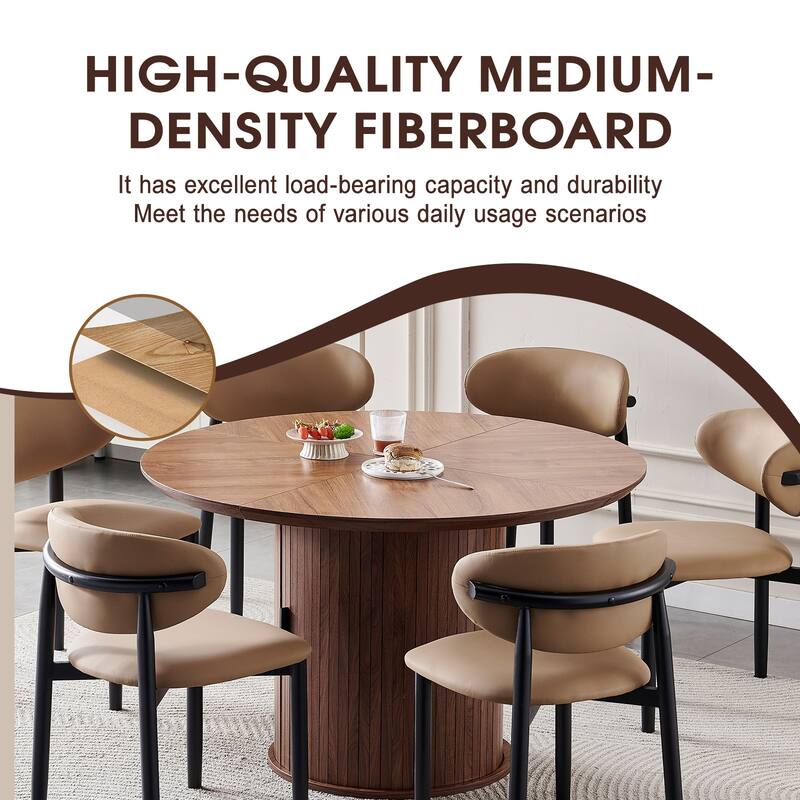 Round Dining Table with Two Layers of Storage Shelves. Wood Tea Desk, Flexible-opening Storage Door, Large Storage Space