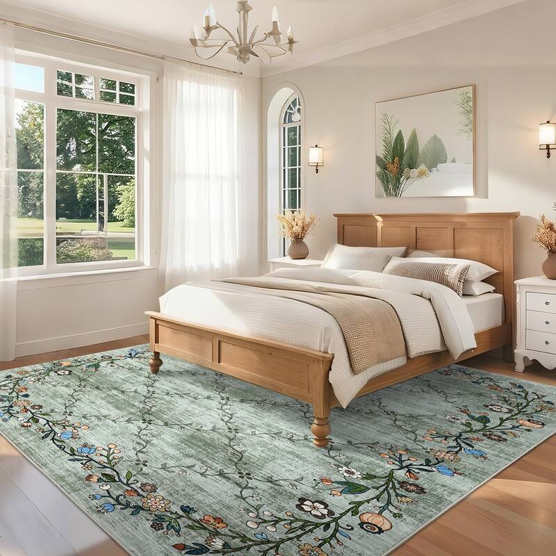 Floral Area Rugs for Living Room Low Pile Non Slip Rugs Washable Soft Foldable Accent Carpet Home Decor