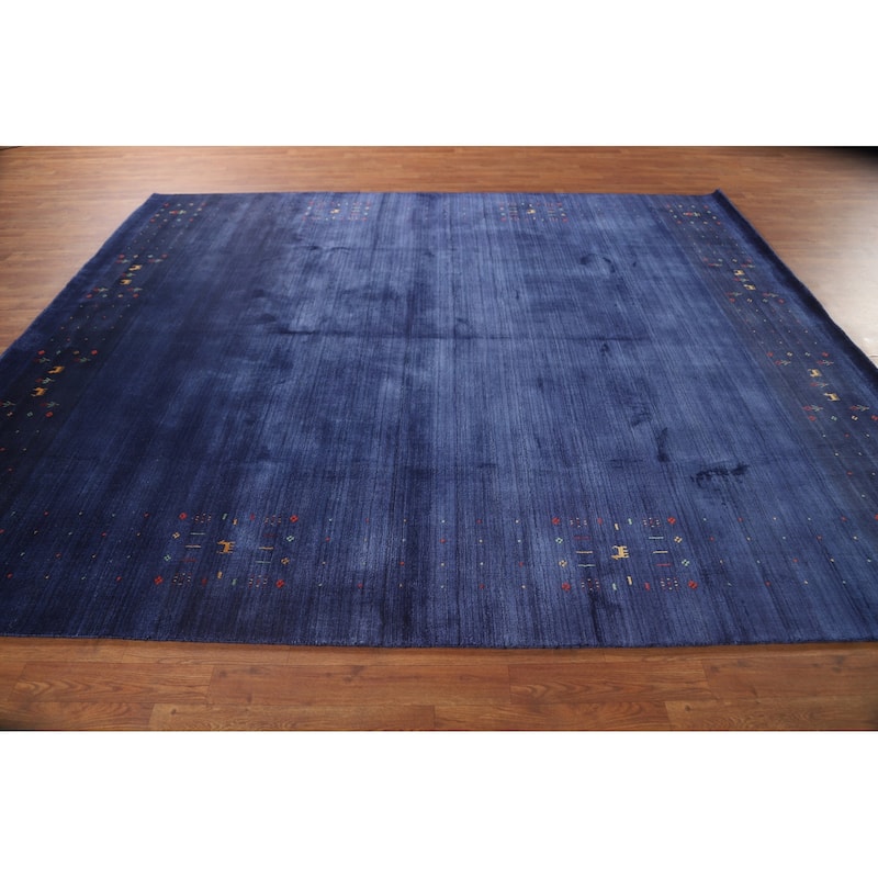 Blue Tribal / Striped Gabbeh Indian Area Rug Handmade Silk Carpet - 8'1" x 9'7"